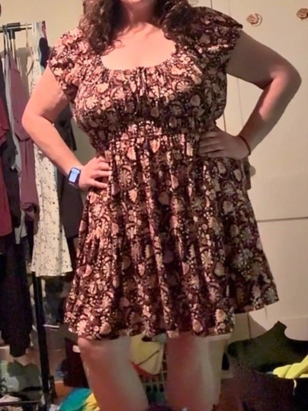 Xhilaration Floral Short-Sleeve Smocked Waist Mini Dress